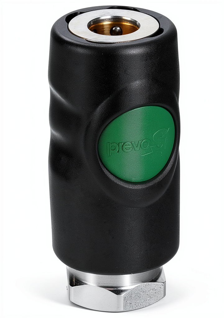 Prevost hydraulic coupling showing green push button and brass finish