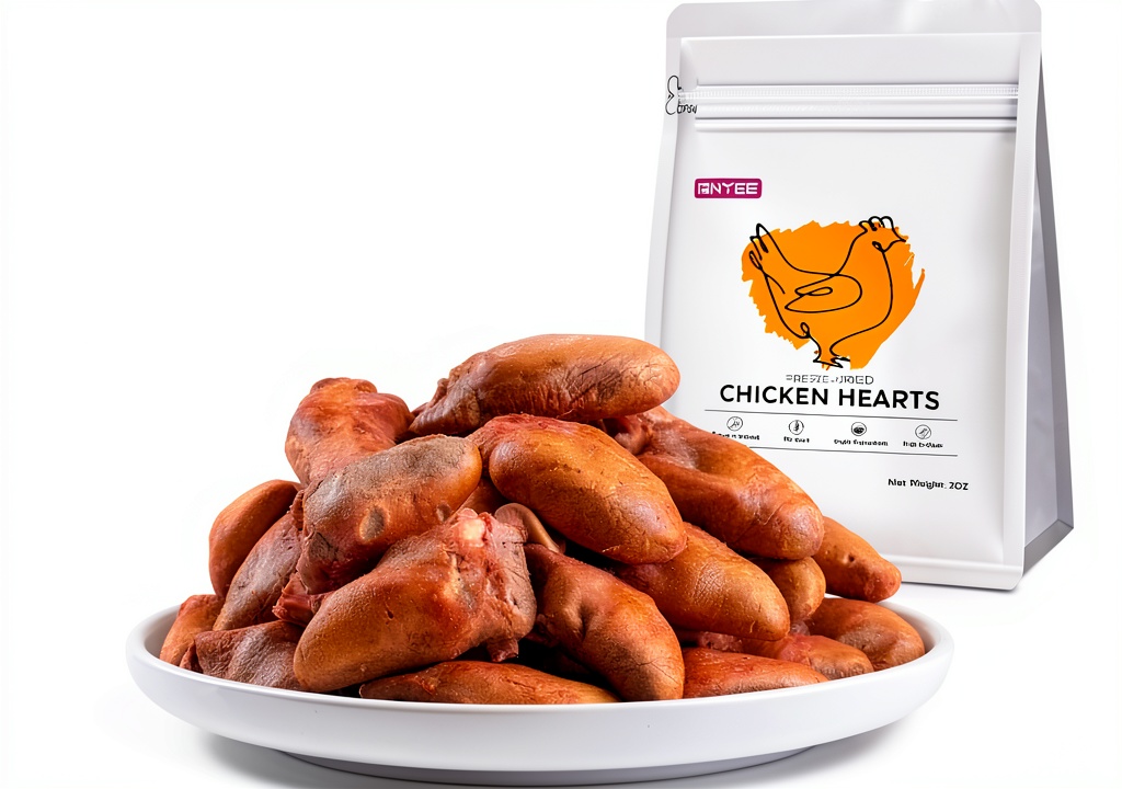 BNYEE Freeze-Dried Chicken Hearts package and treats displayed on a kitchen counter