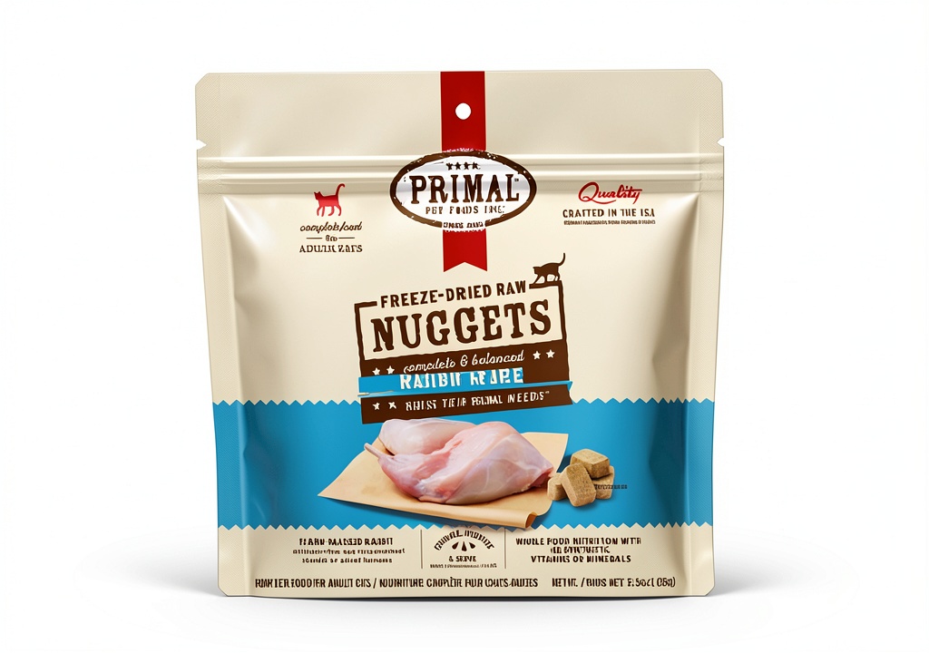 Installing Primal Pet Foods Freeze Dried Raw Cat Food Rabbit on a kitchen counter