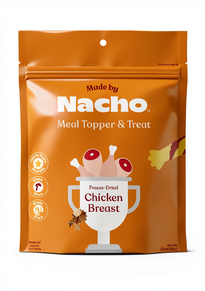 Made by Nacho cat food packaging and serving suggestion