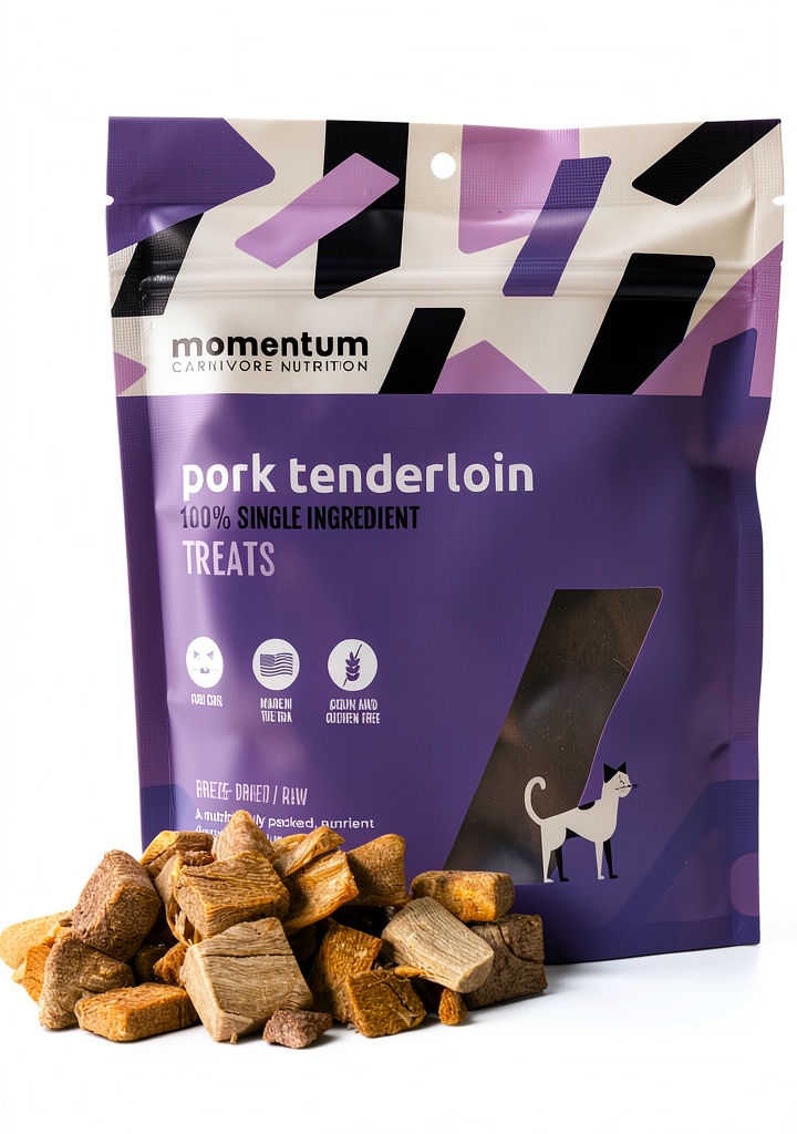 'Momentum Carnivore pork tenderloin cat treats in resealable bag'