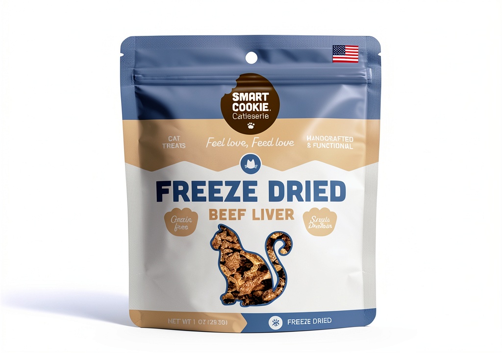 'Smart Cookie freeze-dried cat treats in packaging on a kitchen counter'