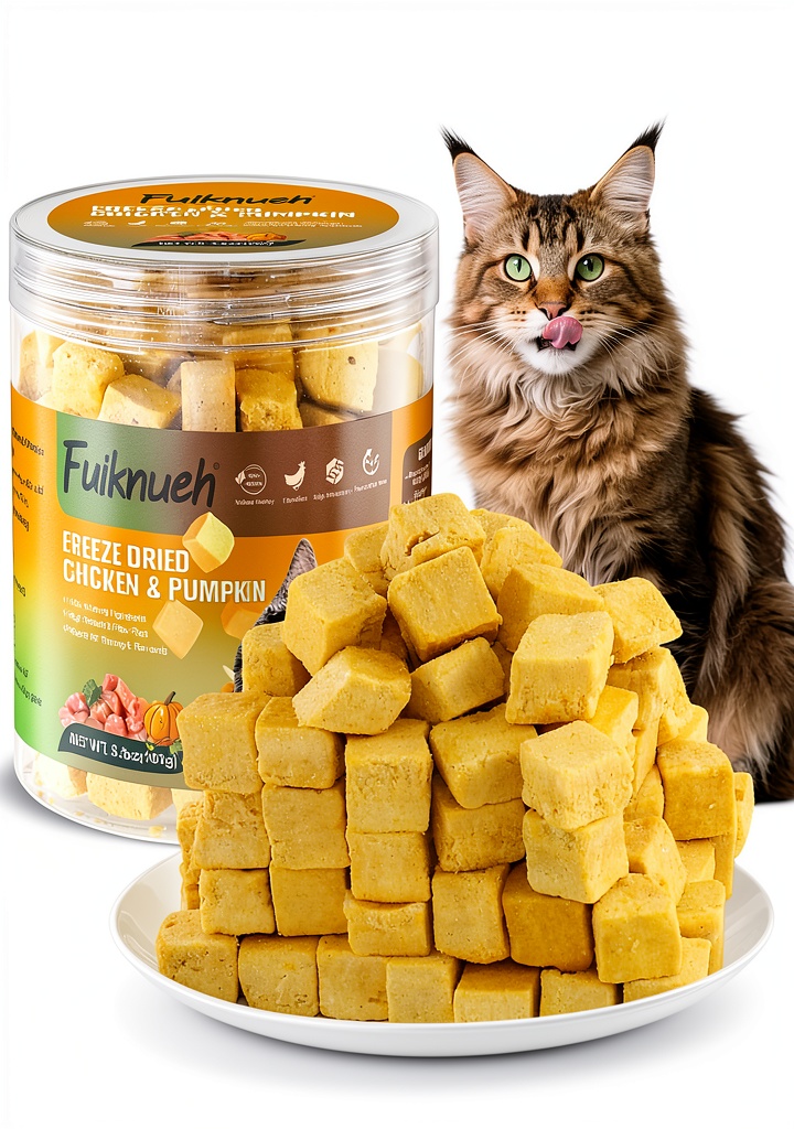 Gzalonty freeze-dried pet food cubes in a bowl with a cat and dog nearby
