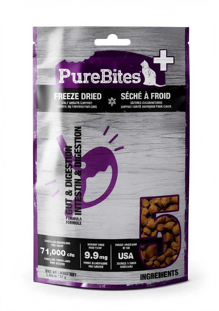 PureBites cat treats in recyclable packaging on a kitchen counter