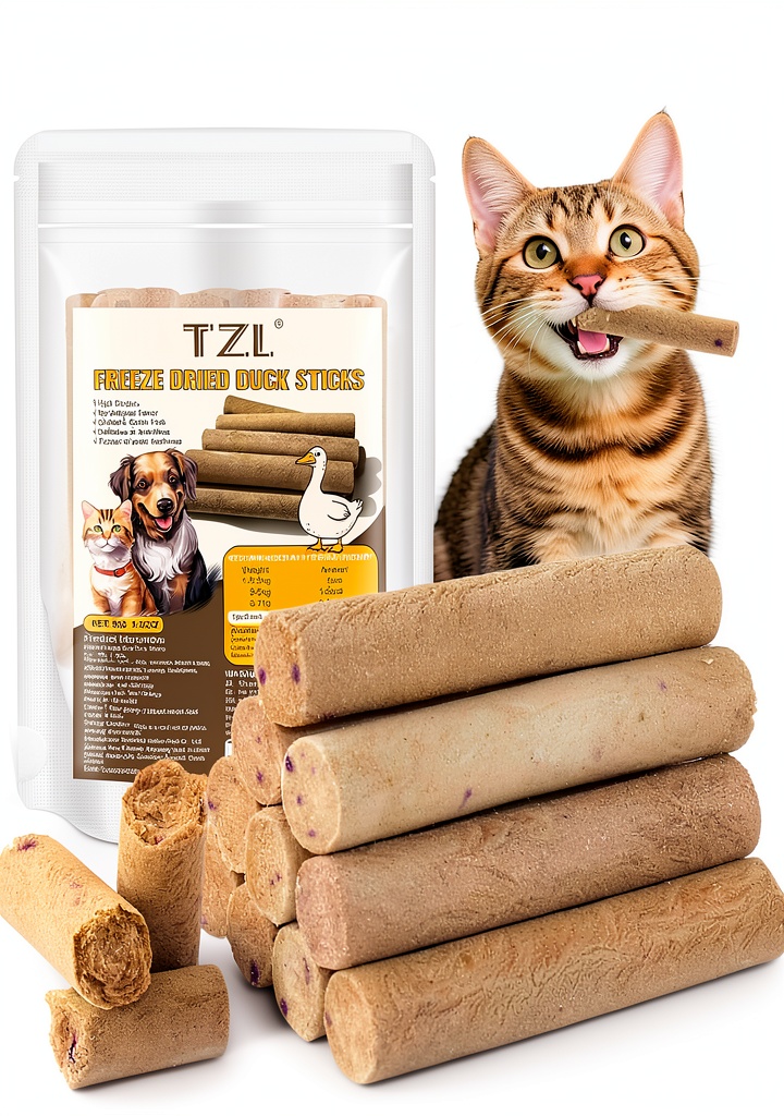 TZL Freeze Dried Duck Sticks package and treats displayed on a clean surface