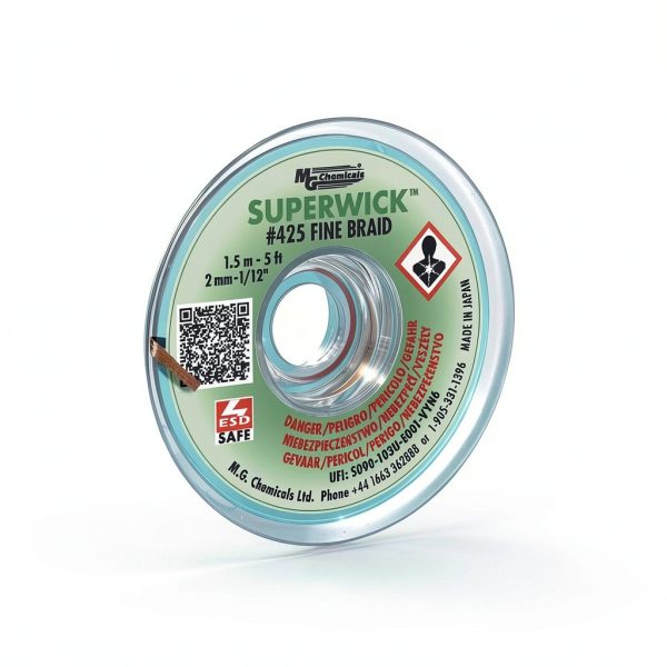 MG Chemicals - 425 Desoldering Braid #3 Fine Braid Super Wick with RMA Flux, 5' Length x 0.075" Width, Green-0